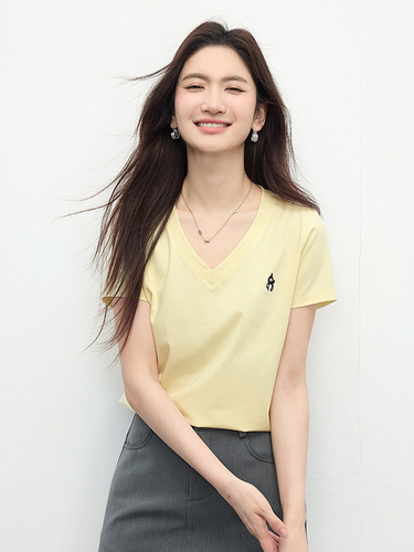 Xishijiang Xinjiang cotton V-neck right shoulder T-shirt for women 2026 summer new commuter embroidered short-sleeved T-shirt cool top