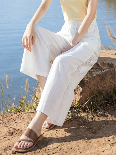Xishijie Tencel White Wide-Leg Pants for Women—This Summer’s Trend: Thin, Lace-Cut Hollow-Out Pants; Also Popular This Year: Cropped Paulownia-Leaf Style Pants.
