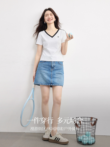 Xishijie casual sports style short-sleeved T-shirt women's right shoulder 2026 summer new embroidered contrasting color V-neck cotton top