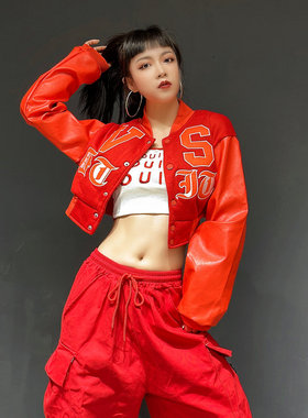 红色刺绣夹克外套短款酷飒风女团爵士舞上衣显瘦街舞kpop舞蹈服装