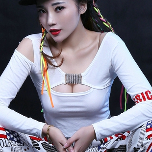 成人性感jazz上衣露脐白色镂空爵士穿搭长袖kpop舞蹈女团打歌服装