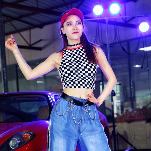 舞爵黑白格辣妹露脐kpop舞蹈服