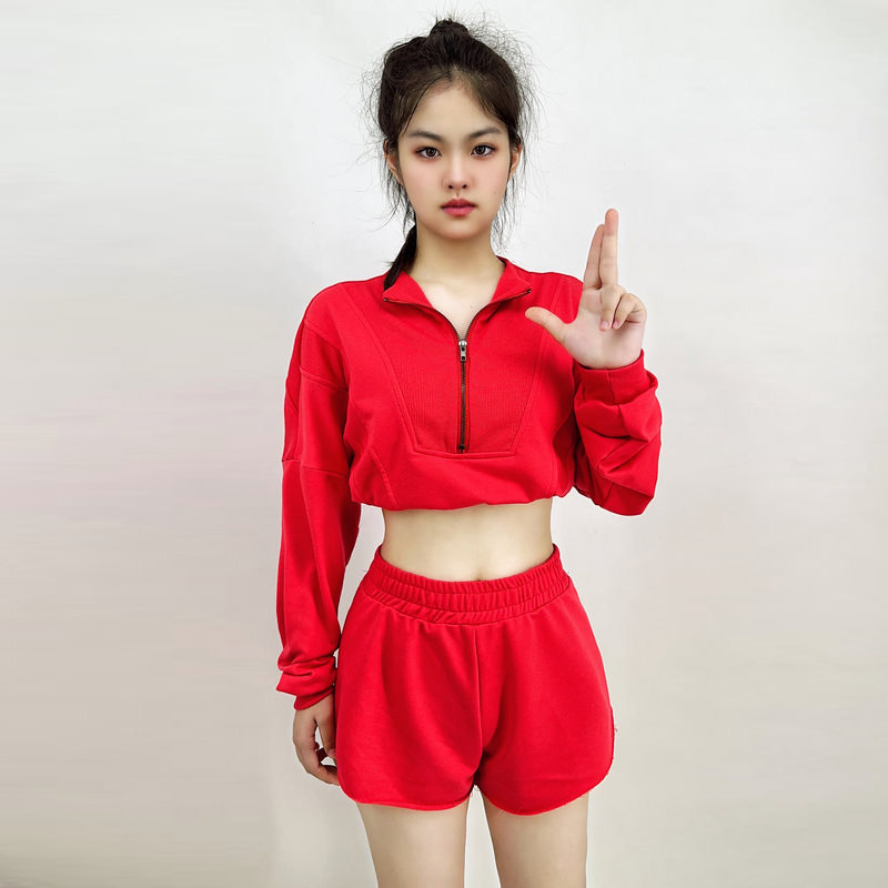 辣妹宽松健身跳舞运动服爵士舞服装kpop女团套装演出服打歌服红色