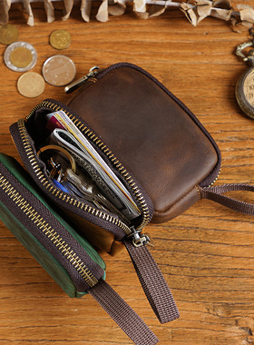 简约牛皮拉链小钱包随身携带疯马皮大容量可放钥匙耳机零钱包复古