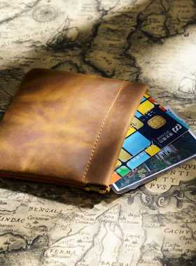 疯马皮收纳小包便携随身迷你化妆包牛皮小号真皮袋子弹片封口复古