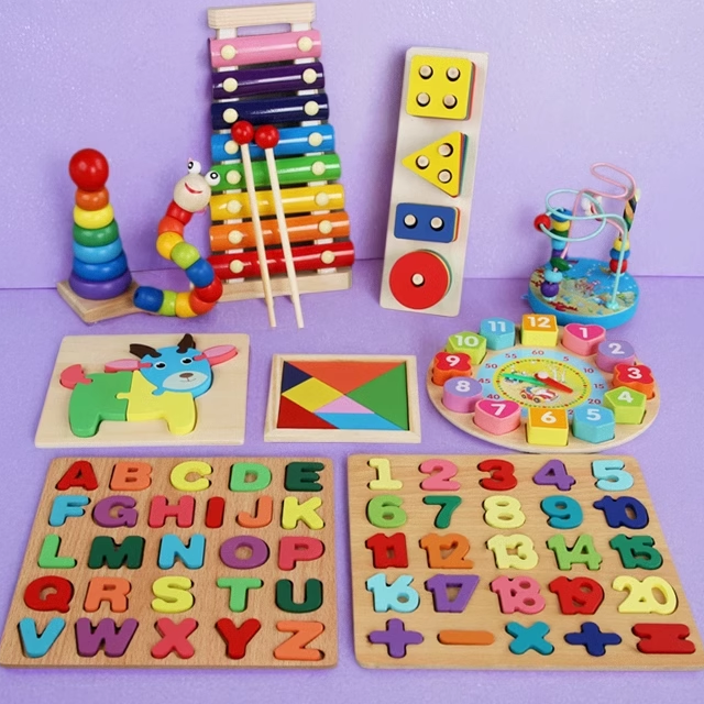 儿童玩具组合套餐益智力八音敲琴绕珠套柱彩虹塔配对板时钟扭扭虫