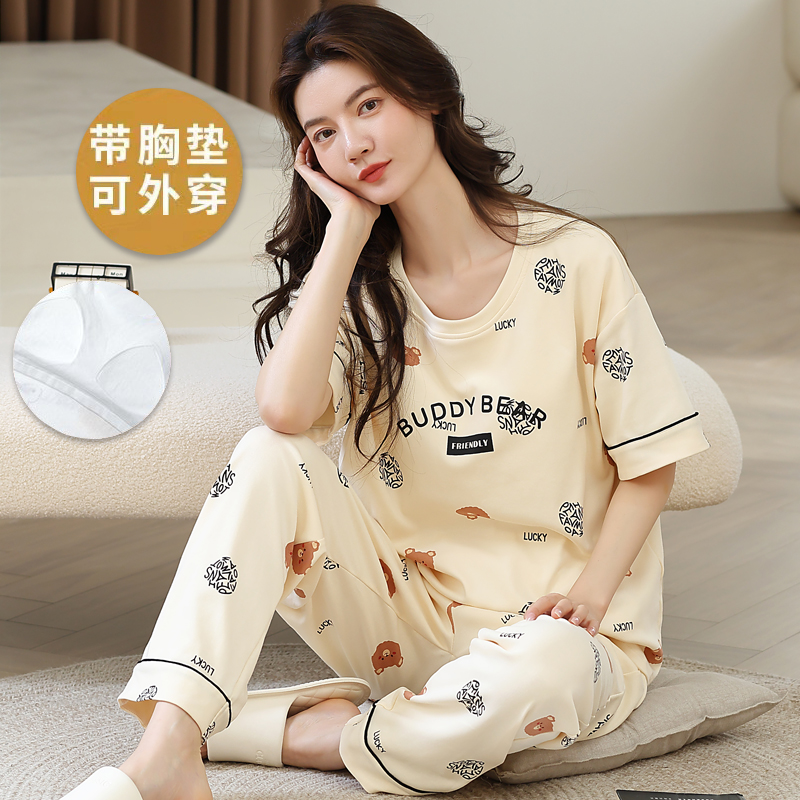 100％纯棉带胸垫女短袖长裤睡衣