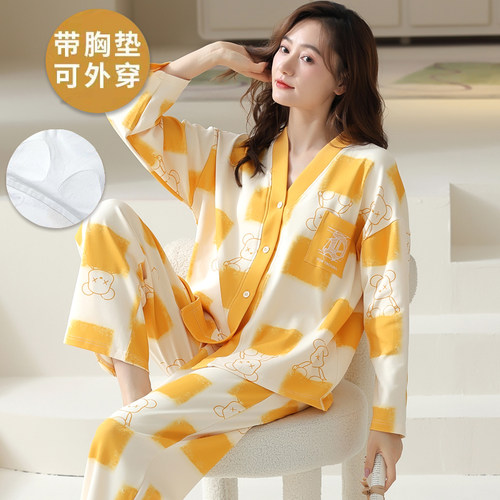 100％纯棉带胸垫一体式长袖睡衣
