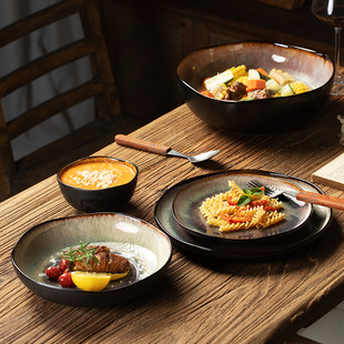 沉稳厚重感火焰系列异形餐具复古陶瓷碗盘子牛排盘大汤碗深盘菜盘