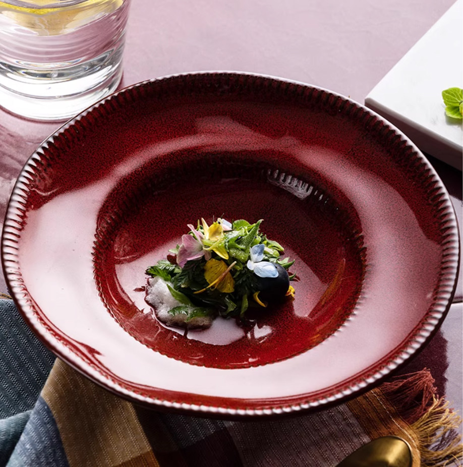 粗底红色陶瓷草帽盘北欧餐具菜盘面碗汤盘菜盘家用水果沙拉碗微瑕