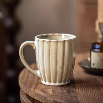 中古风天目菊浮雕马克杯带把手花瓣款陶瓷咖啡杯水杯牛奶杯子微瑕