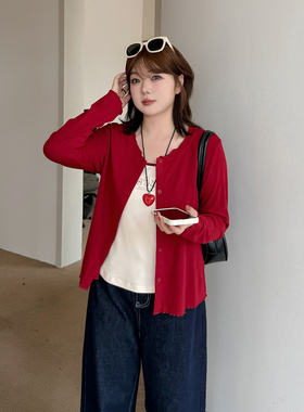 小波家2026春季胖mm吊带开衫两件套减龄波边工艺套装