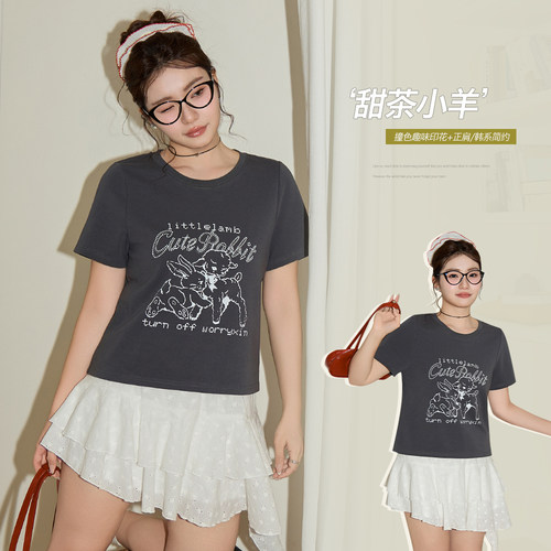 小波家2026夏季胖mm韩系正肩童趣撞色印花百搭圆领上衣