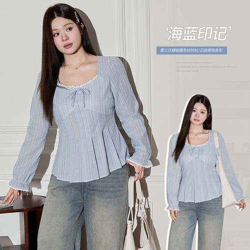 小波家2026春季胖mm韩系气质撞色条纹显瘦收腰衬衫