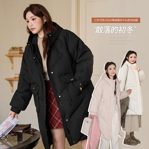 小波家2025冬季胖mm简约华夫格纹理长款羽绒服宽松显瘦外套