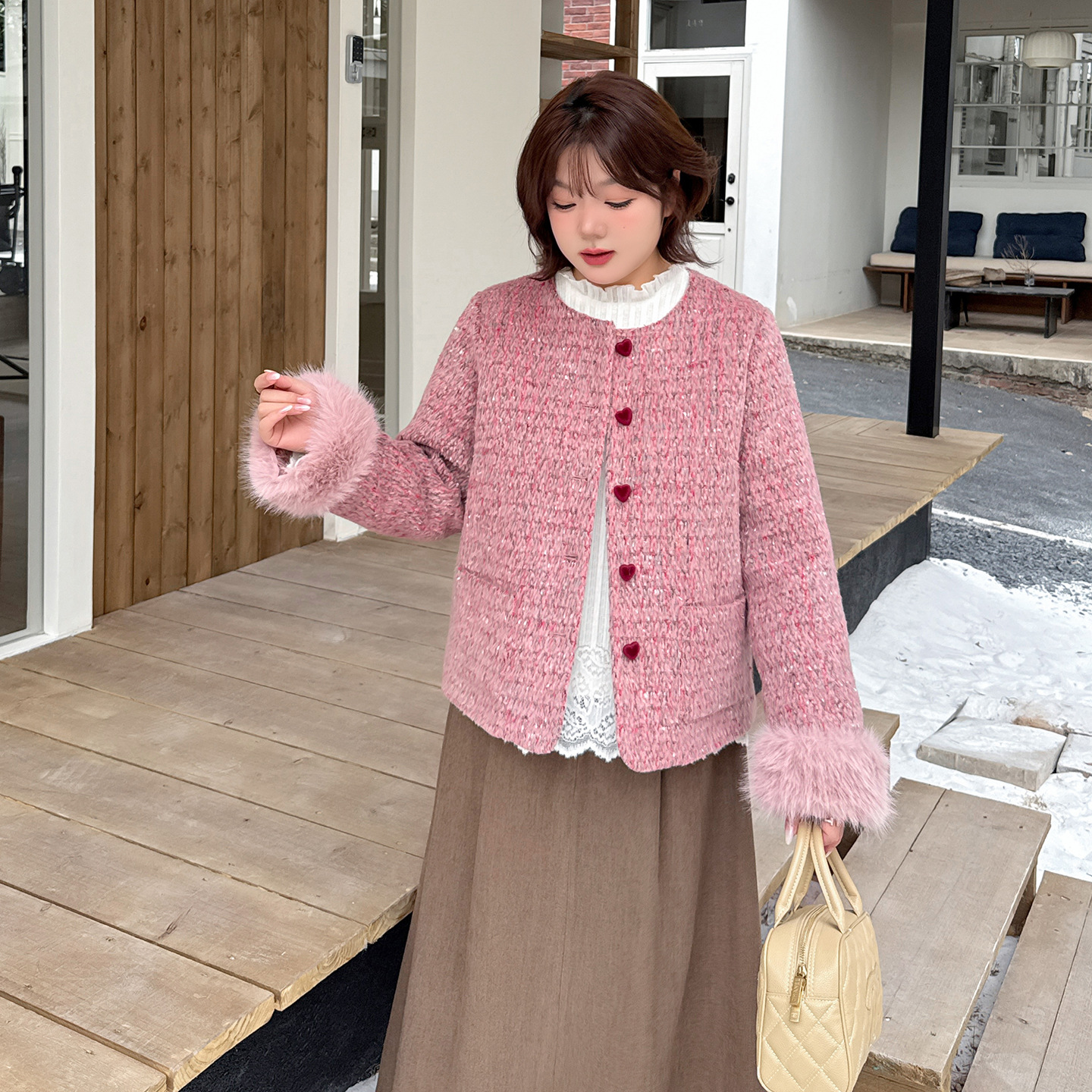 12.2日新品小波家2025冬季胖mm花呢小香风保暖外套可拆毛条羽绒服