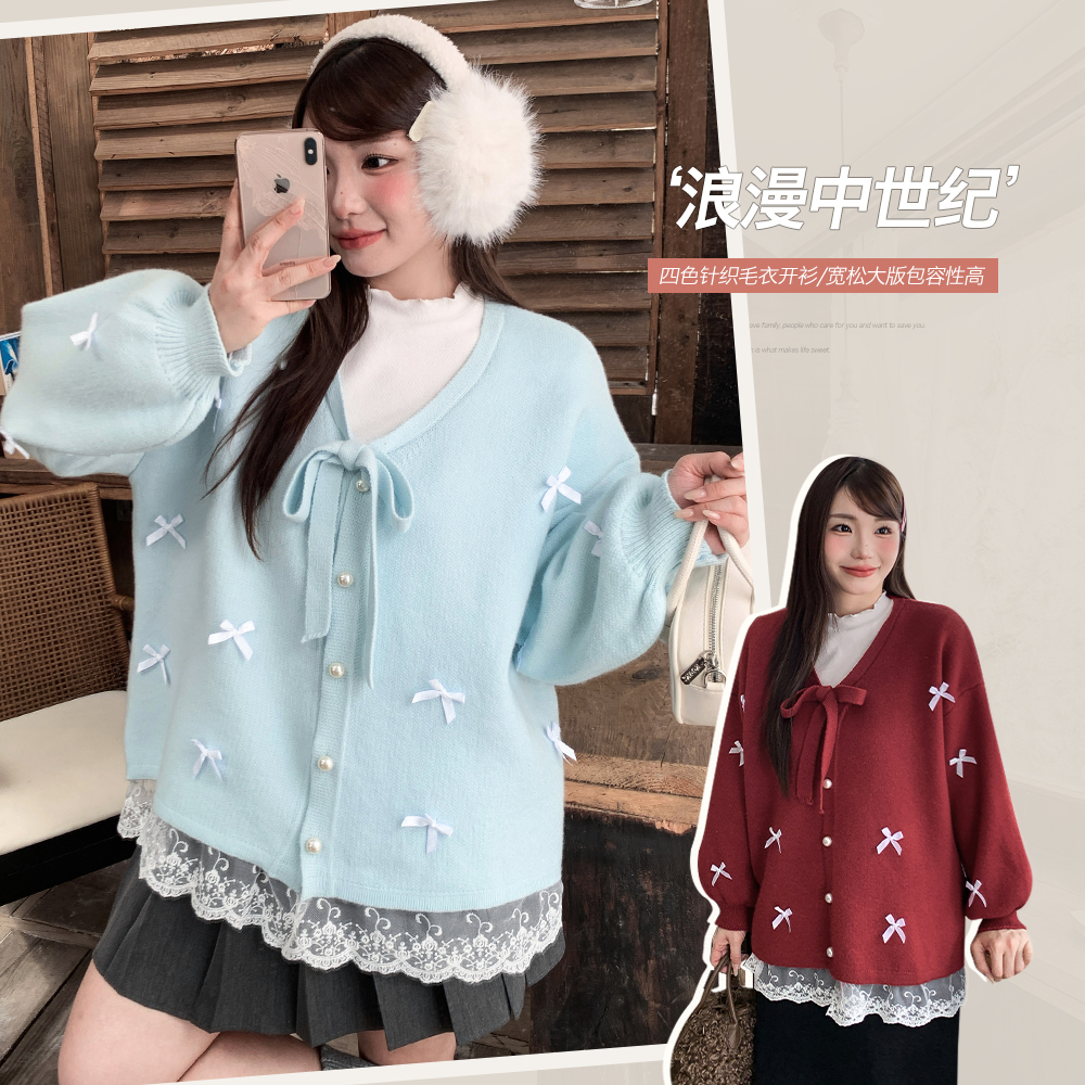小波家2025冬季胖mmV领蝴蝶结蕾丝针织开衫显瘦毛衣
