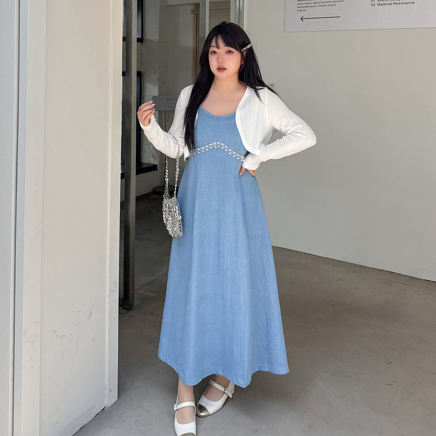 3.3日新品小波家2026春季胖mm复古链条牛仔吊带裙套装气质两件套