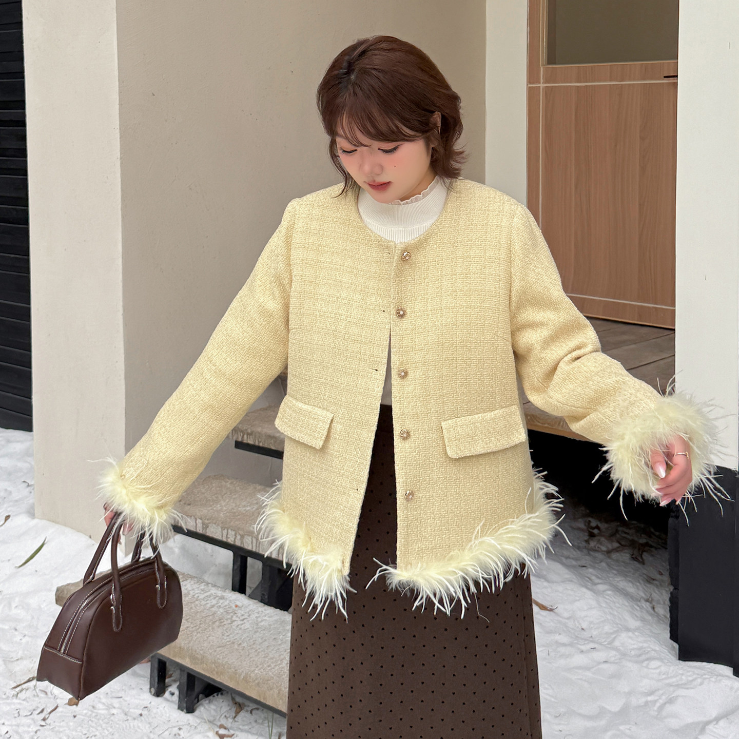 小波家2025冬季胖mm毛条小香风裥棉外套富家千金保暖,女装/女士精品,常规大码外套,淘宝优惠券,粉丝福利购,淘宝优惠卷