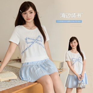胖mm韩系正肩格纹不对称蝴蝶结短袖 小波家2025夏季 T恤
