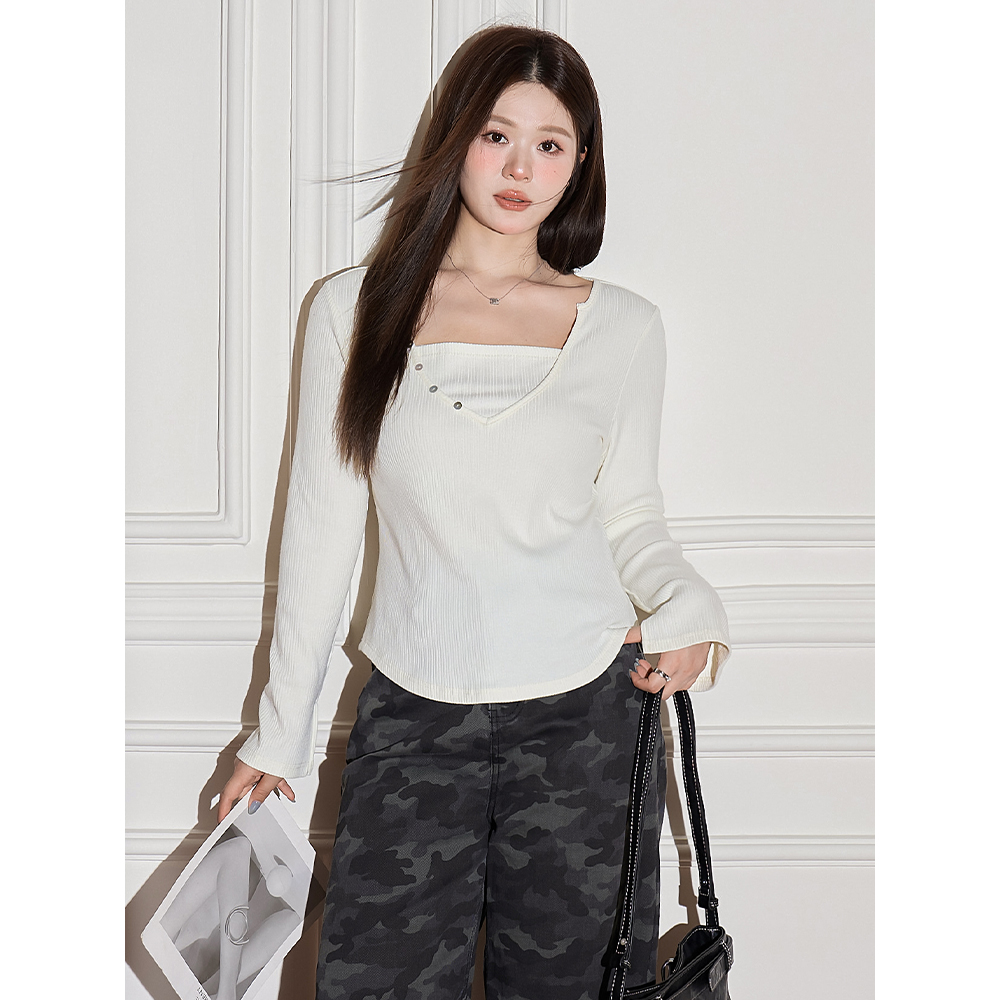 小波家2025秋季胖mm韩系简约拼接假两件修身针织打底衫