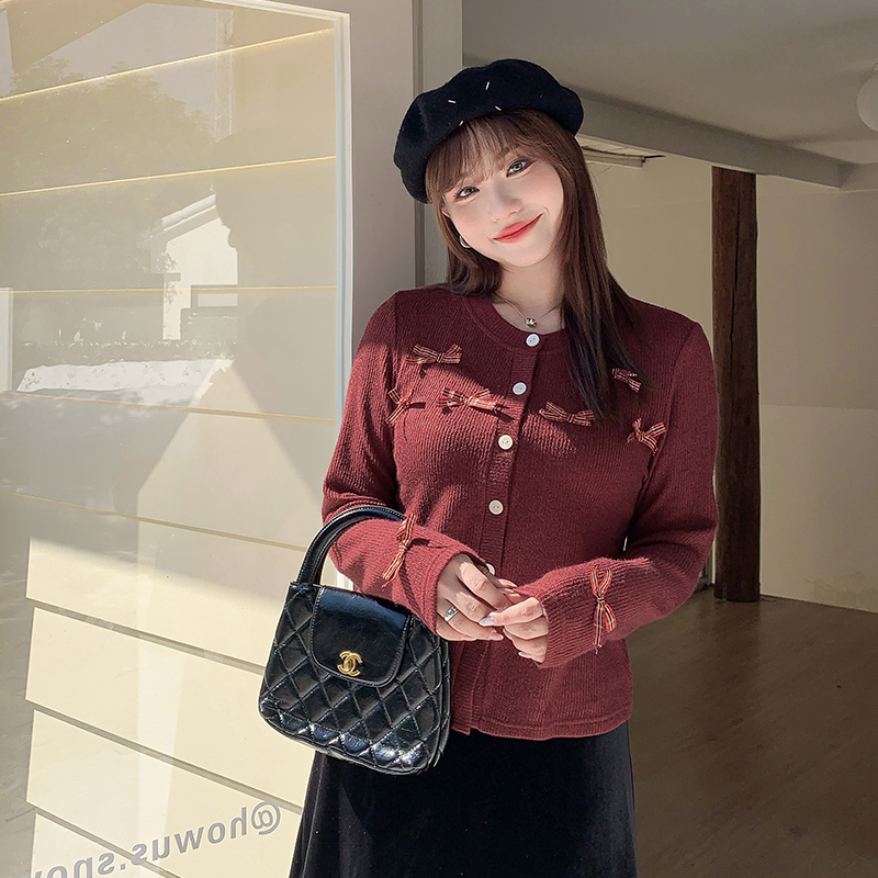 小波家2025冬季胖mm安哥拉红蝴蝶结针织开衫上衣外搭