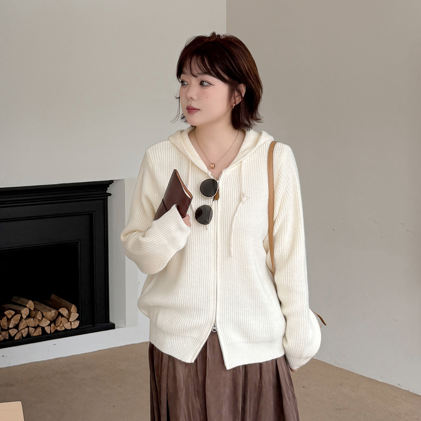 小波家2025秋季胖mm连帽毛衣开衫懒风宽松针织上衣