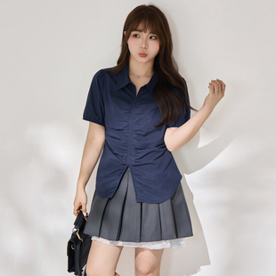 衬衫 3.31日新品 显瘦短袖 修身 小波家胖mm褶皱设计遮肚上衣夏季 新款