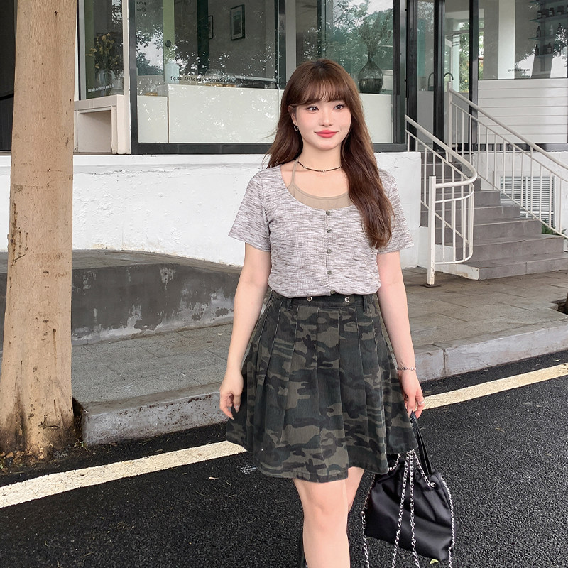 【清仓】小波家2026夏季胖mm高腰迷彩牛仔半身裙防走光百褶裙