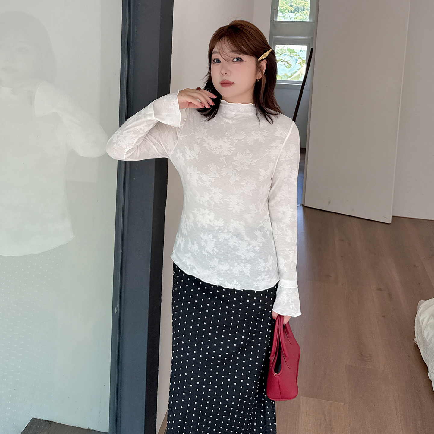 小波家2025秋季胖mm半高领提花修身打底衫长袖内搭上衣