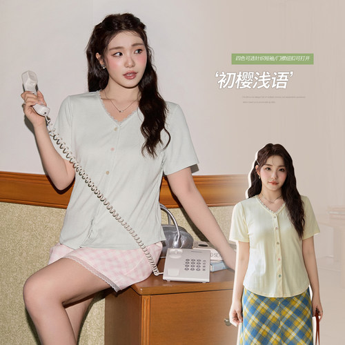 小波家2026夏季胖mm韩系蕾丝拼接撞色提花短袖显瘦小衫