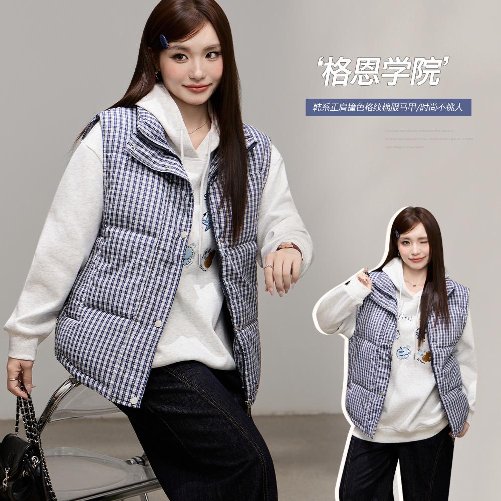 10.20日新品小波家2025冬季胖mm韩系正肩撞色格纹棉服马甲外套