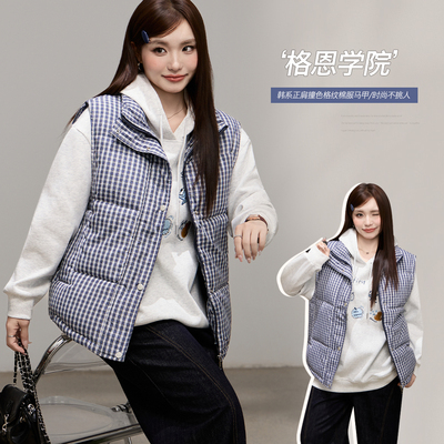 小波家2025冬季胖mm韩系正肩撞色格纹棉服马甲外套