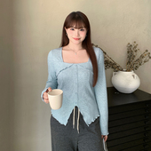 小波家2025秋季 胖mm方领不规则长袖 T恤女显瘦内搭上衣