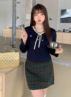 【清仓】小波家2025秋秋季胖mm甜辣风格纹显瘦半身裙