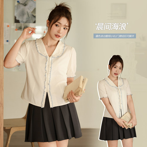 小波家2026夏季胖mm法式气质正肩撞色木耳边翻领小衫