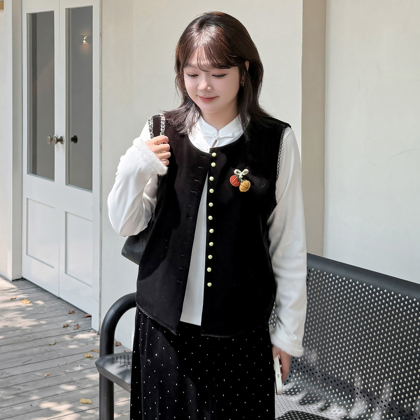 12.2日新品小波家2025冬季胖mm新中式黑色丝绒无袖马甲套装两件套