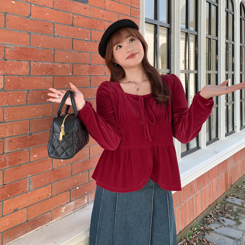 法式复古高级感方领丝绒收腰衬衫