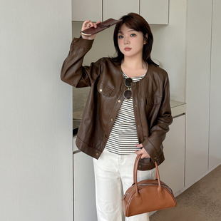 小波家2025秋季胖mm复古圆领pu短款外套酷飒感皮衣夹克