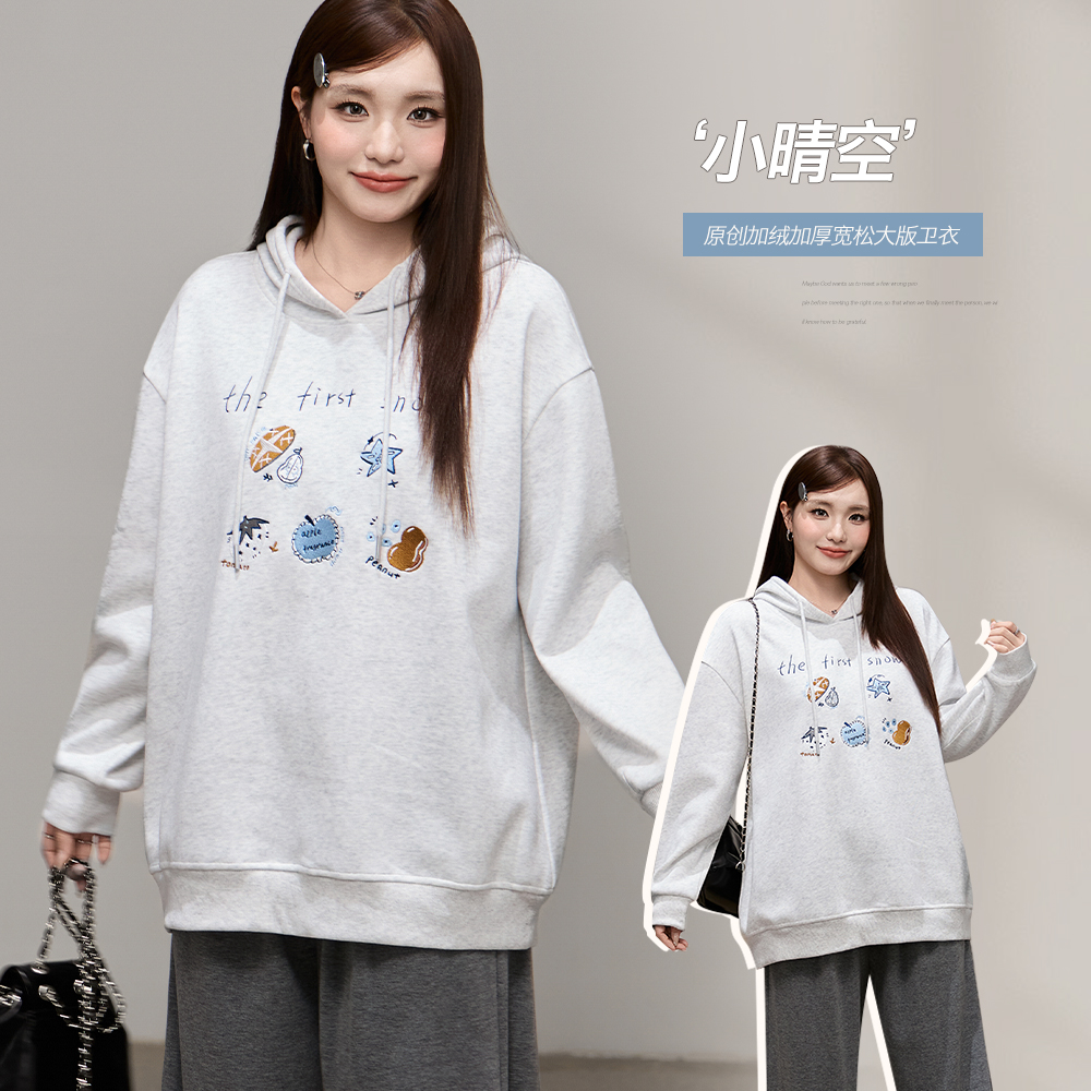 10.20日新品小波家2025冬季胖mm原创刺绣加绒连帽卫衣宽松显瘦