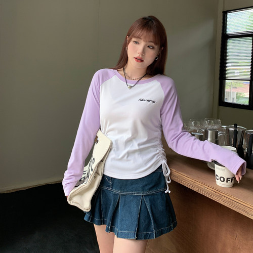 字母绣花撞色插肩设计感小众上衣