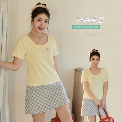 小波家2026夏季胖mm韩系减龄立体海星贝壳方领短袖t恤