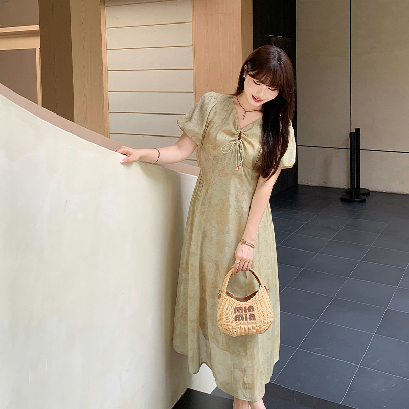 【清仓】小波家2025夏季胖mm复古茶歇系带v领收腰显瘦连衣裙