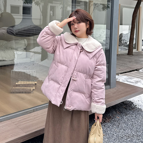 小波家2025冬季胖mm羊羔毛双层娃娃领棉服减龄外套