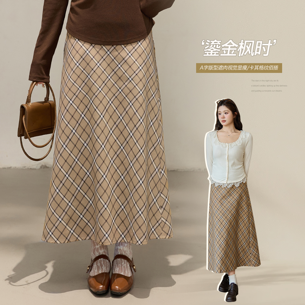 小波家2025秋季胖mm韩系高腰显瘦格纹A字中长款半身裙