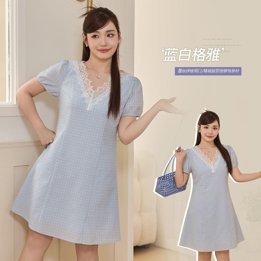 小波家2025夏季胖mm韩系气质蕾丝拼接格纹V领显瘦连衣裙