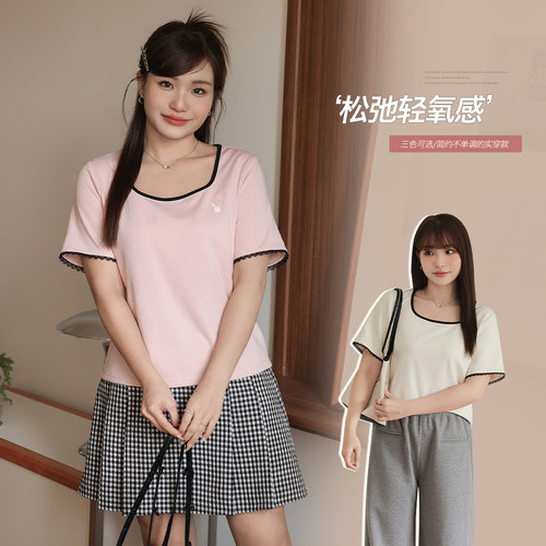 小波家2026夏季胖mm韩版正肩撞色刺绣蕾丝拼接短袖T恤