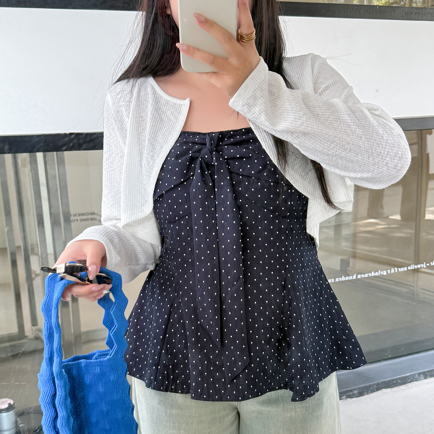 3.3日新品小波家2026春季胖mm辣妹波点蝴蝶结吊带套装遮肉两件套