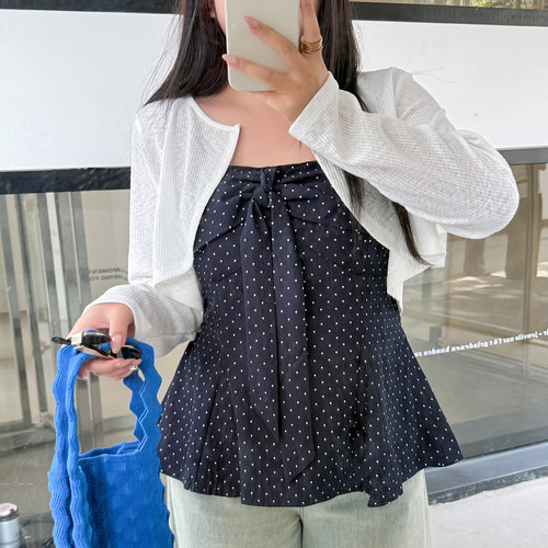 小波家2026春季胖mm辣妹波点蝴蝶结吊带套装遮肉两件套