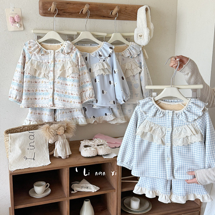 加绒加厚 女童冬季睡衣套装25女宝秋衣套装舒适中小童睡衣居家服